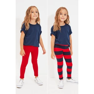 Trendyol Red-Multicolored Striped 2-Pack Girls Knitted Leggings