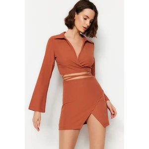 Trendyol Brown Belted Knitted Tie Blouse and Skirt Set