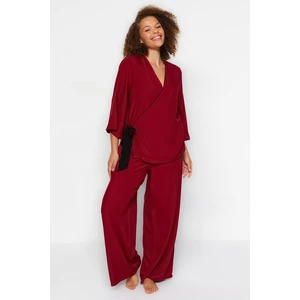 Trendyol Curve Burgundy Double Breasted Collar Tied Woven Pajamas Set