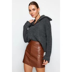 Trendyol Brown Faux Leather High Waist Mini Knitted Skirt