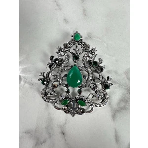 Brooch XZ459-191 Silver + Green