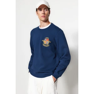 Trendyol Indigo Regular/Regular Fit Crest Vyšívaná Fleece Vo Vnútri Bavlnená Mikina