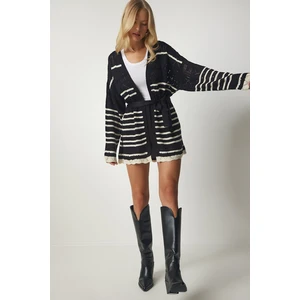 Happiness İstanbul Women's Black Striped Openwork Knitwear Cardigan