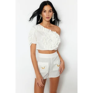 Trendyol Ecru Crop Weave Ruffled One-Shoulder 100% Cotton Blouse