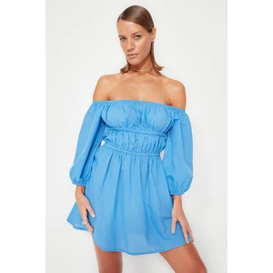 Trendyol Blue Mini Weave Pleated 100% Cotton Beach Dress