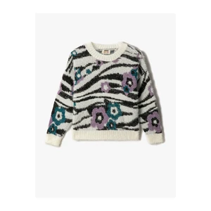 Koton Zebra Patterned Floral Plush Sweater Long Sleeved Crew Neck