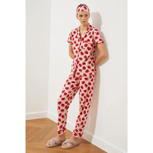 Trendyol Pink Cotton Piping Detailed Strawberry Patterned Knitted Shirt-Pants Pajamas Set