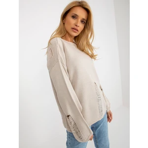 Beige women's oversize sweater with holes with wool