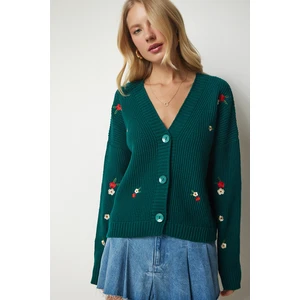 Happiness İstanbul Women's Emerald Green Floral Embroidered Button Knitwear Cardigan