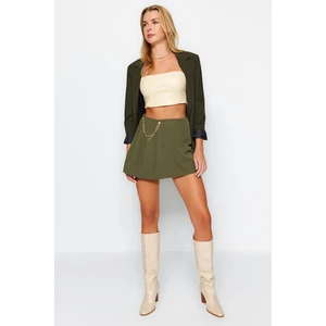 Trendyol Dark Khaki Weave Short Skirt with Chain and Pleat Detail