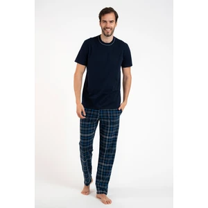 Men's pyjamas Ruben, short sleeves, long trousers - navy blue/print