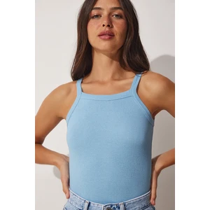 Happiness İstanbul Women's Sky Blue Ribbed Crop Barbell Neck Knitted Undershirt