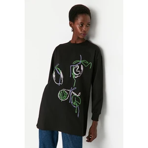 Trendyol Black Printed Crew Neck Knitted Sweatshirt