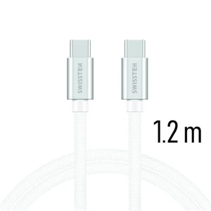 Adatkábel Swissten textil s USB-C konnektorral és gyorstöltés támogatással 1,2 m, ezüst