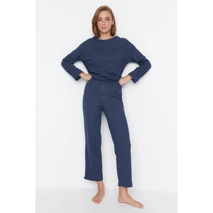 Trendyol Indigo Waffle Cotton Pop Detailed Knitted Pajamas Set