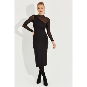 Cool & Sexy Women's New Year Black Tulle Detailed Asymmetrical Midi Dress