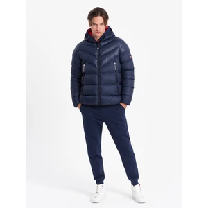 Ombre Men's winter quilted jacket of combined materials - navy blue