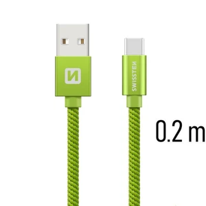 Adatkábel Swissten textil USB-C konnektorral, gyorstöltés támogatással, Green