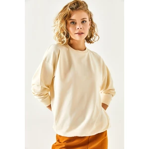 Olalook Women's Plain Beige Basic Soft Textured Loose Sweatshirt