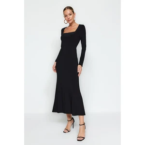 Trendyol Black Ruffles Square Neckline Fitted/Slipped Maxi Stretch Knit Dress