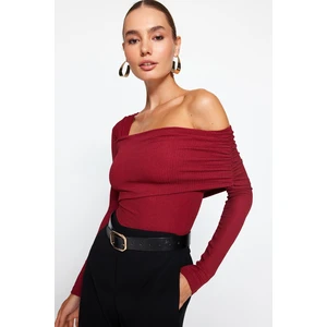 Trendyol Burgundy Asymmetrical Collar Detailed Draped Fitted/Closing Wrap/Textured Knitted Body