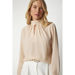 Happiness İstanbul Women's Beige Window Detail Flowy Crepe Blouse