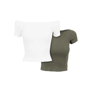 Women's T-Shirt Off Shoulder Rib Tee 2-Pack White+Olive