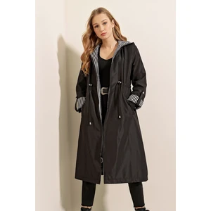 Bigdart 9091 Gathered Waist Hooded Trench Coat - Black