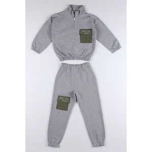 zepkids Girl's Gray Colored Just Do Printed Tracksuit Set with Pockets, Zipper and Elastic Waist.