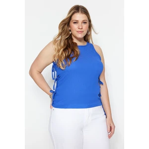 Trendyol Curve Blue Crop Knitted Blouse with Tie-Up Detail