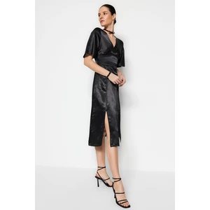 Trendyol Black Plain Weave Midi Satin V-Neck Dress with a Slit