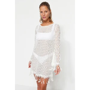 Trendyol Ecru Mini Knitted Tasseled Beach Dress