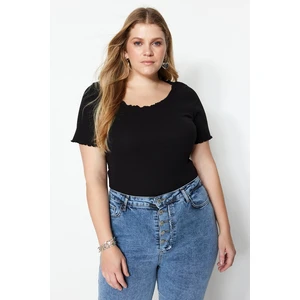 Trendyol Curve Black Corduroy Knitted U-Neck T-Shirt