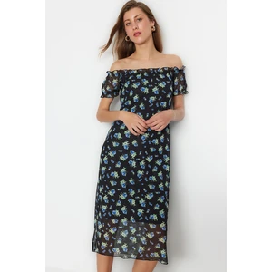 Trendyol Black Floral Print Carmen Collar Lined Tulle Shift/Plain Midi Knit Dress