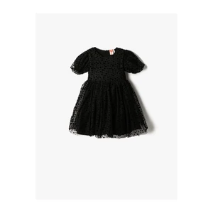 Koton Sheer Tulle Dress with Polka Dots Short Balloon Sleeves Round Neck Lined.