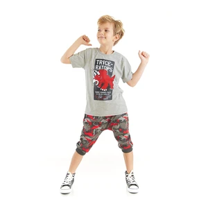 Mushi Triceratops Boys' Gray T-shirt Camouflage Shorts Capri Summer Suit.