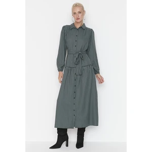 Trendyol Green Plaid Pattern Tie Waist Shirt Collar Woven Dress