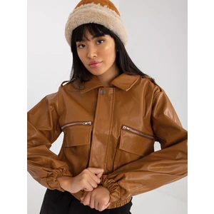 Camel short eco-leather jacket with collar