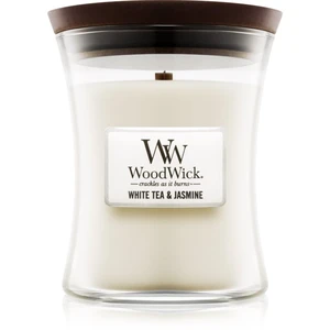 Woodwick White Tea & Jasmine vonná svíčka s dřevěným knotem 275 g