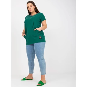 Dark green blouse of larger size with lettering at the neckline