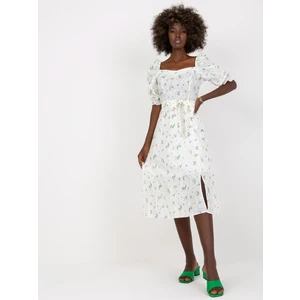 White and green midi dress with print and embroidery