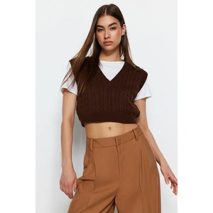 Trendyol Brown Crop V Neck Knitwear Sweater