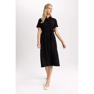 DEFACTO Shirt Collar Linen Look Midi Short Sleeve Dress