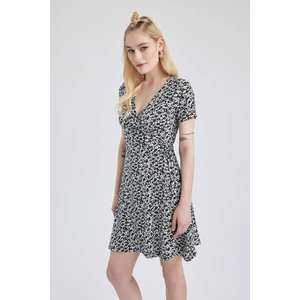 DEFACTO A-Line Wrap Collar Patterned Mini Short Sleeve Dress