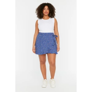 Trendyol Curve Blue Floral Patterned Woven Tied Shorts Skirt