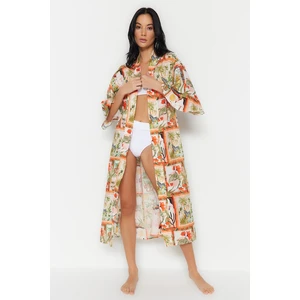 Trendyol Tropical Pattern Belted Maxi-Weave 100% Cotton Kimono & Caftan