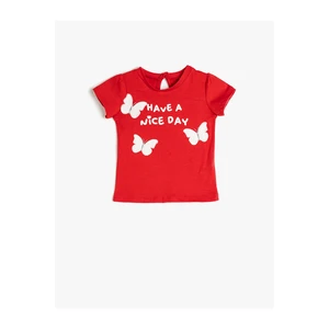 Koton Embroidered Butterflies T-Shirt with Slogan Detailed Crew Neck Short Sleeves.