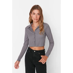 Trendyol Gray Knitted Blouse with Buttons/Fitted Polo Neck Creme/Textured Crop