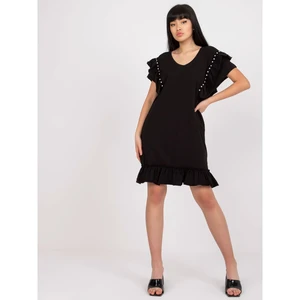 Black cotton casual dress with a frill