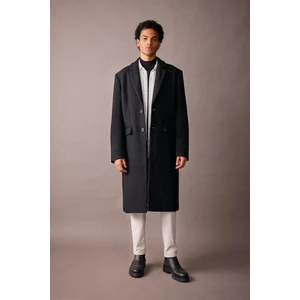 DEFACTO Men's Black Slim Fit Slim Fit Lined Buttoned Pocket Cashmere Coat Parka